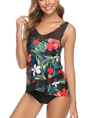 Aibrou Mujer Blouson Tankini Traje de baño Impreso/Color Sólido Camiseta sin Mangas Top y Pantalones Cortos 2 Piezas Traje de baño Adelgazante Halter 