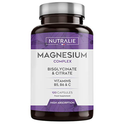 Magnesio con Vitaminas B5, B6 y C | Bisglicinato y Citrato de Magnesio 100% Biodisponible | 120 Cápsulas de 715 mg | Nutralie en oferta