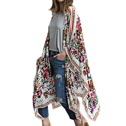 Kimono largo floral o estampado, de gasa, para playa, diseño boho, parte delantera abierta, holgada, blusa verano para mujer blanco A L en oferta