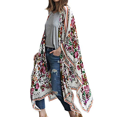 Kimono largo floral o estampado, de gasa, para playa, diseño boho, parte delantera abierta, holgada, blusa verano para mujer blanco A L