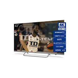 TD Systems Televisor 4K Smart TV Android 9.0 y HBBTV, 1300 PCI Hz UHD HDR, 3X HDMI, 2X USB. DVB-T2/C/S2, Modo Hotel - K43DLX11HS [Clase de eficiencia  características