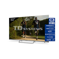 TD Systems Televisor 4K Smart TV Android 9.0 y HBBTV, 1500 PCI Hz UHD HDR, 3X HDMI, 2X USB. DVB-T2/C/S2, Modo Hotel - K50DLX11HS [Clase de eficiencia  características