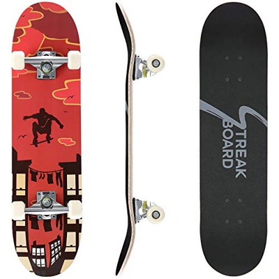 streakboard Skateboard 80x20 cm, Completo Skateboard para Principiantes, 7 Capas Monopatín de Madera de Arce Canadiense con Rodamientos de Bolas ABEC-