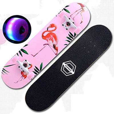 VByge Skateboard Chicas Adultas Principiantes Adolescentes Monopatines Luminoso Doble Alicia Cuatro Ruedas Longboard 79x20cm Flamenco Flash