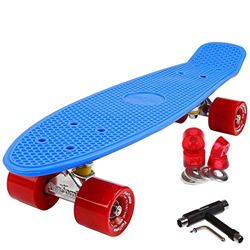 FunTomia Mini Board monopatín Skateboard 57cm - con o sin LED Ruedas - Wheel 59mmx45mm (82A) - Rodamiento ABEC-11 (Azul/Rojo - sin LED + T-Tool) en oferta