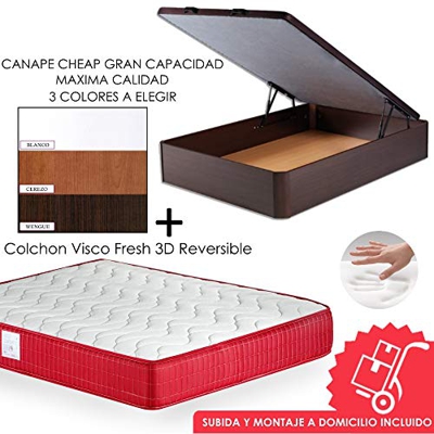 Mi Cama Me Llama Pack Canapé de Madera Cheap + Colchón Viscoelástico VISCO Confort Fresh 3D Reversible - Montaje Incluido (Wengue, 150x190)