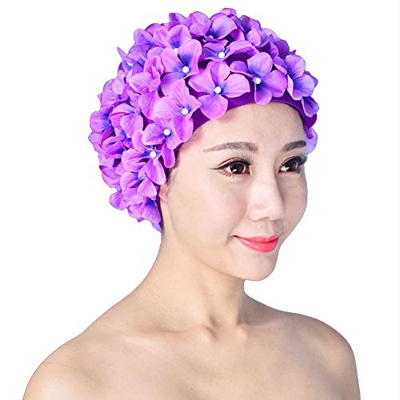 Gorro de natación para mujer, estilo retro, transpirable, con flores, con diseño de pétalos, Unisex adulto, color Morado (, tamaño Talla única