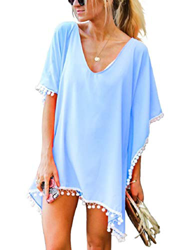 Voqeen Mujer Bikini Cover Up Verano Borla Camisolas Gasa Pom Pom Kaftan Playa de Traje de Baño de Vestido de Playa Vestidos de Mujer (Azul Claro) en oferta