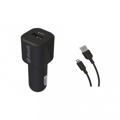 Muvit for Change Pack Cargador Coche USB 2.4A 12W + Cable Lightning 2.4A 1.2m Negro