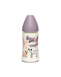 Suavinex - Biberón para bebés +0 meses. con tetina 3 posiciones (flujo lento, medio o Denso) de silicona. color Perritos Lila, 270ml en oferta