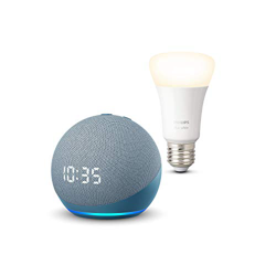 Nuevo Echo Dot (4.ª generación) con reloj, Azul grisáceo + Philips Hue Bombilla Inteligente (E27), compatible con Alexa en oferta