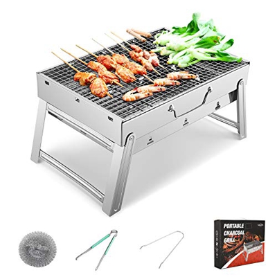 Sunkorto Barbacoa Portátil Parrilla Barbacoa Plegable de Acero Inoxidable Barbacoas de Carbon con Kit Herramientas para BBQ, Jardín,Picnic Exterior Ta