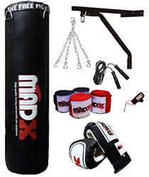 MADX - Juego de boxeo profesional de 10 piezas con saco de boxeo relleno y pesado color negro de 1,2 o 1,5 m, soportes de pared y guantes, también par precio