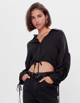 Bershka Camisa Fruncidos Mujer S Negro