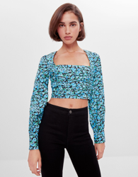 Bershka Blusa Flores Fruncido Mujer S Azul precio