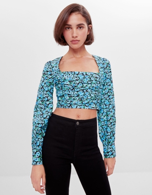 Bershka Blusa Flores Fruncido Mujer S Azul