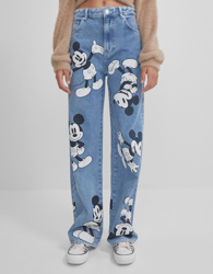 Bershka Jeans 90'S Mickey Mouse Mujer 42 Azul Lavado en oferta