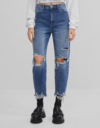 Bershka Jeans Mom Rotos Mujer 40 Azul en oferta