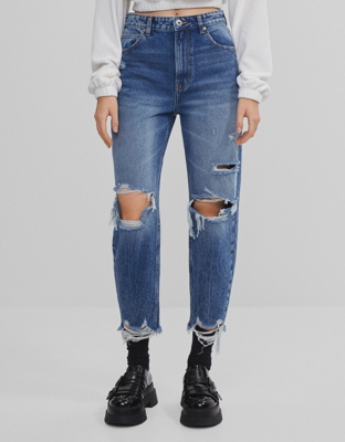 Bershka Jeans Mom Rotos Mujer 40 Azul