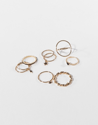 Bershka Pack Anillos Piedras Mujer M Oro