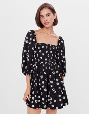 Bershka Vestido Babydoll Flores Mujer L Negro