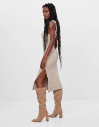 Bershka Vestido Midi Halter Mujer L Beige en oferta