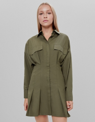 Bershka Camisa Vestido Pliegues Mujer L Kaki