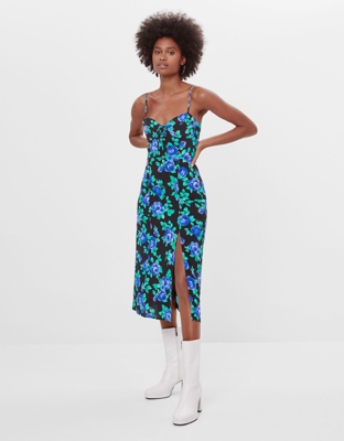 Bershka Vesstido Midi Flores Mujer S Negro