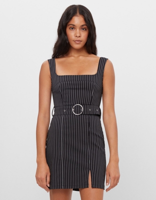 Bershka Vestido Rayas Cinturón Mujer M Negro