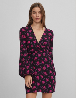 Bershka Vestido Cruzado Flores Mujer S Negro