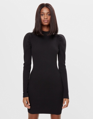 Bershka Vestido Corto Hombro Fruncido Mujer M Negro