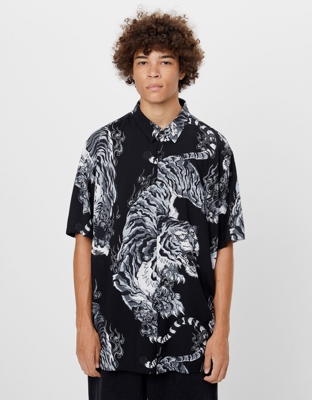 Bershka Camisa Tigre Manga Corta Hombre S Negro