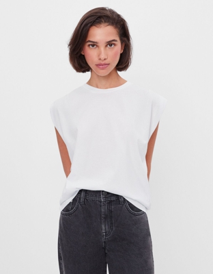 Bershka Camiseta Con Pliegues En Hombros Mujer Xs Blanco