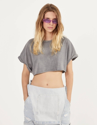 Bershka Camiseta Super Cropped Mujer Xs Gris