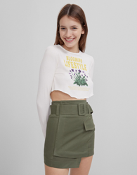 Bershka Camiseta Print Cropped Mujer Xs Blanco en oferta