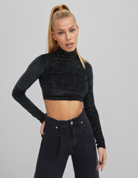 Bershka Camiseta Terciopelo Brillo Mujer S Negro en oferta