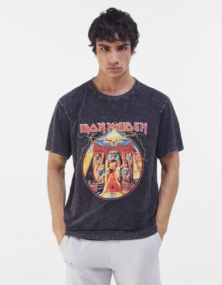 Bershka Camiseta Efecto Lavado Iron Maiden Hombre Xs Gris