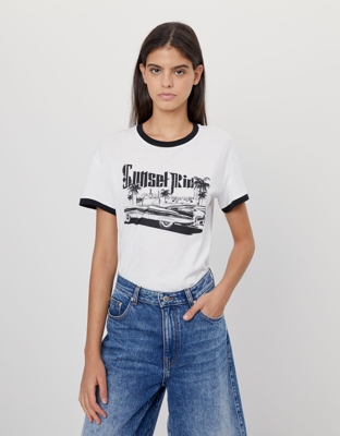 Bershka Camiseta Con Estampado Mujer Xs Blanco