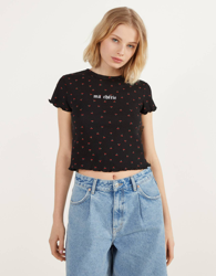 Bershka Camiseta Con Textura Y Estampado Mujer Xs Negro precio