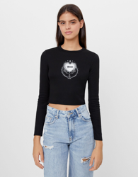 Bershka Camiseta Print Cropped Mujer L Negro en oferta