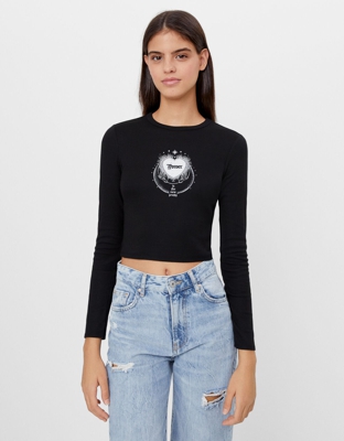 Bershka Camiseta Print Cropped Mujer L Negro