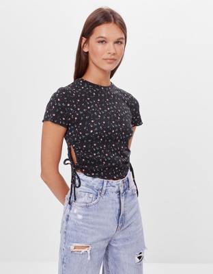 Bershka Camiseta Fruncidos Laterales Mujer M Negro