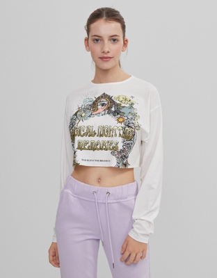 Bershka Camiseta Cropped Print Mujer Xs Blanco Roto