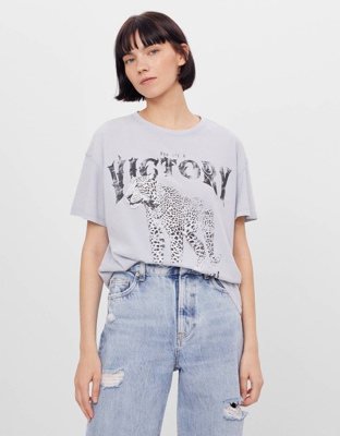 Bershka Camiseta Con Estampado Mujer S Azul Lavado