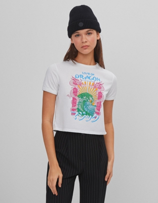 Bershka Camiseta Cropped Dragón Mujer S Blanco Roto