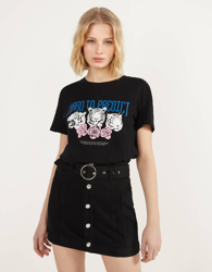 Bershka Camiseta Con Estampado Mujer S Negro en oferta