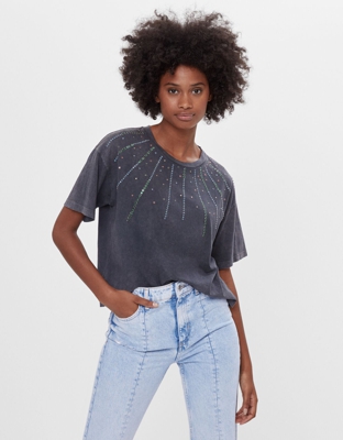 Bershka Camiseta Acid Wash Strass Mujer M Negro