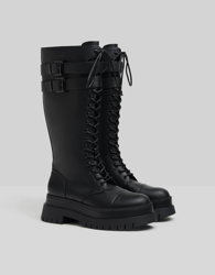 Bershka Botas Plataforma Acordonadas Detalle Hebillas Mujer 41 Negro en oferta