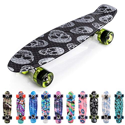 meteor Monopatín Retro plástico Skateboard Completo Patineta para Niños Jóvenes Adultos Mejor Calidad Robusto Ligero Ruedas - Buen Regalo (Skulls)