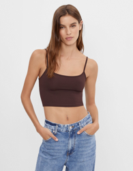 Bershka Top Cropped De Tirantes Mujer Xs Marrón en oferta